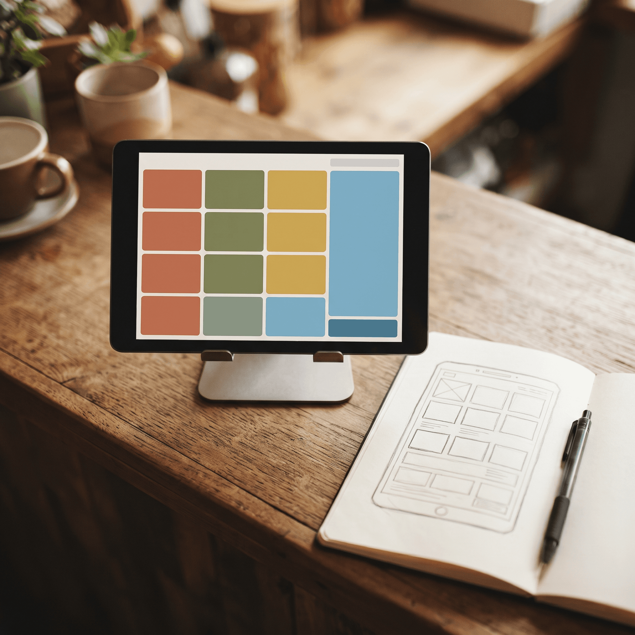 Tablet POS layout with a grid of large tiles beside a hand-sketched screen wireframe on a cafe counter