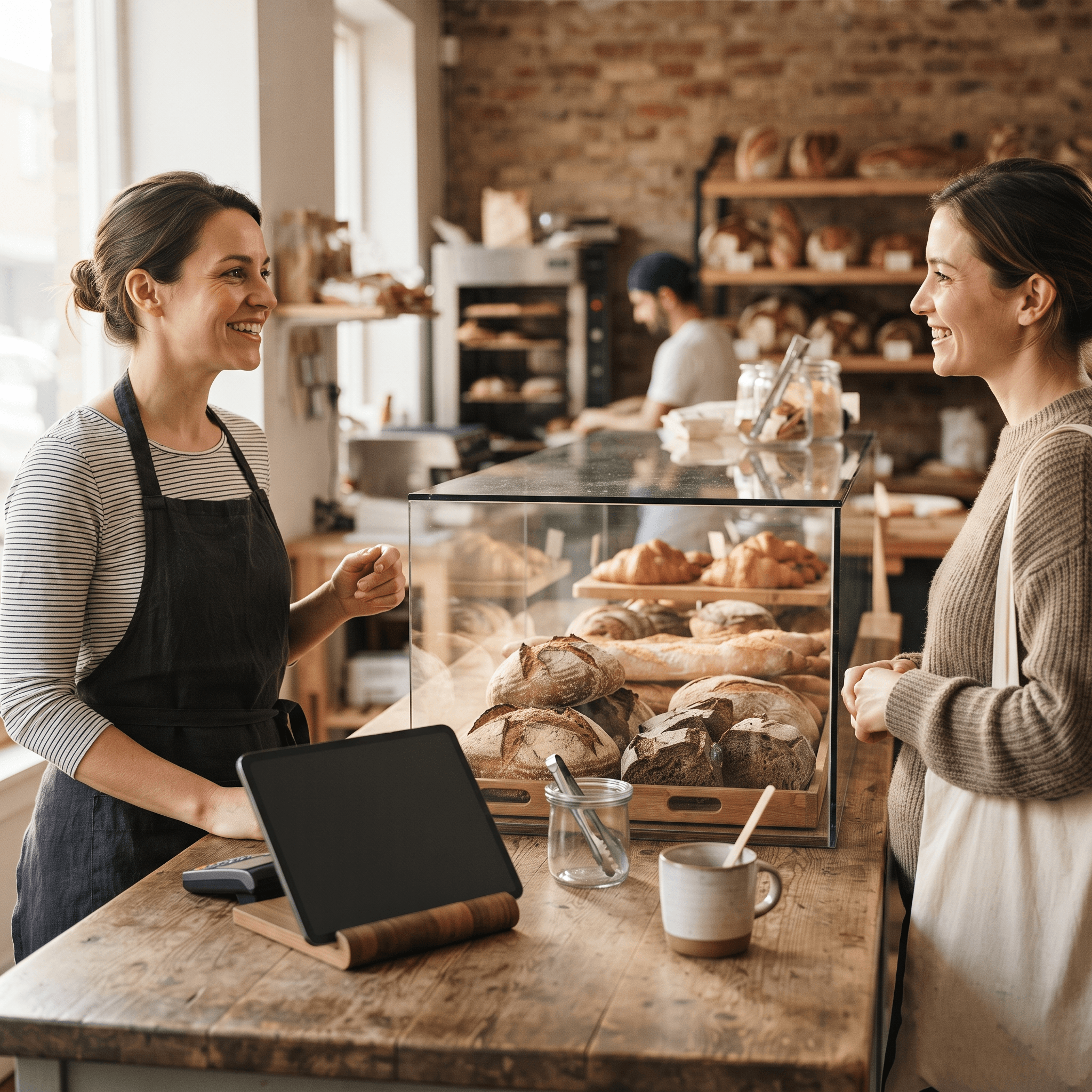 Bakery owner describing her counter setup while a plain tablet register sits ready, illustrating describing a POS in plain English
