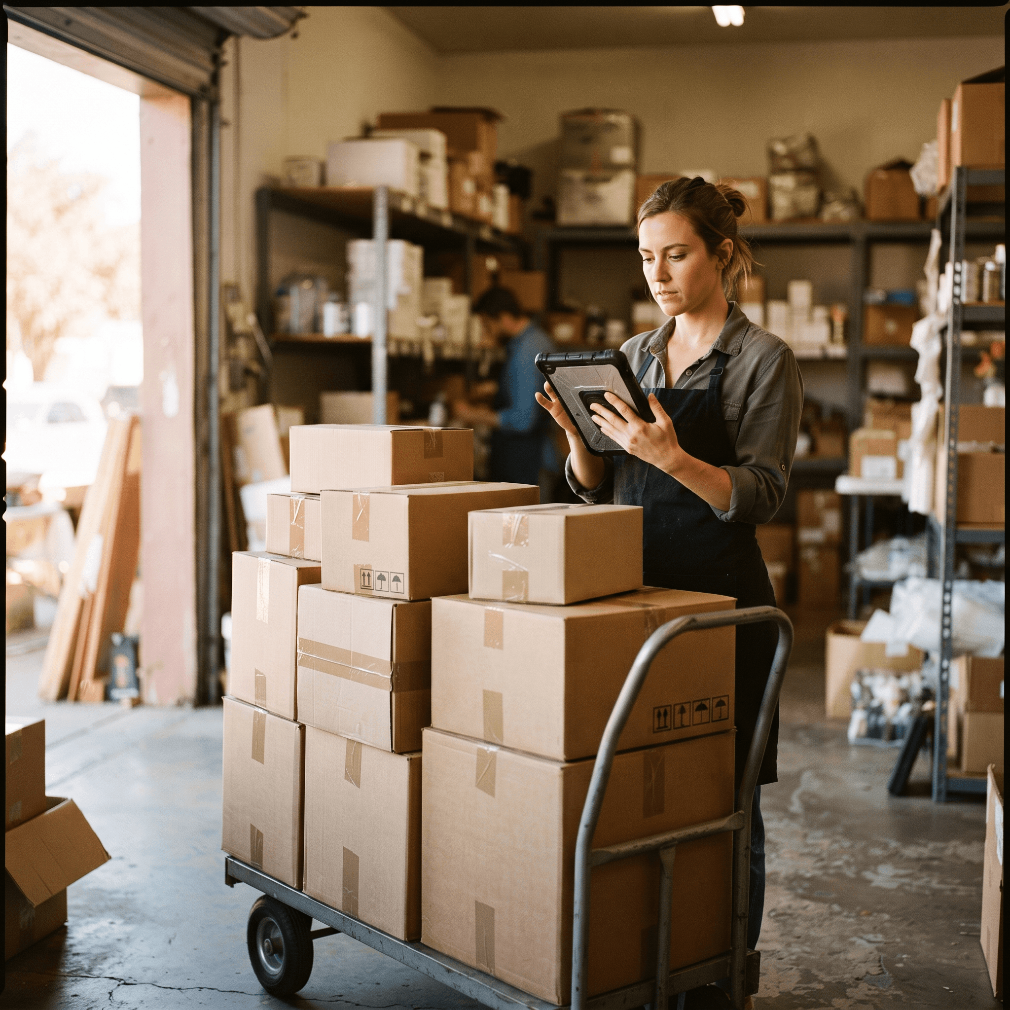 Store employee counting delivered boxes against a tablet to keep inventory counts accurate