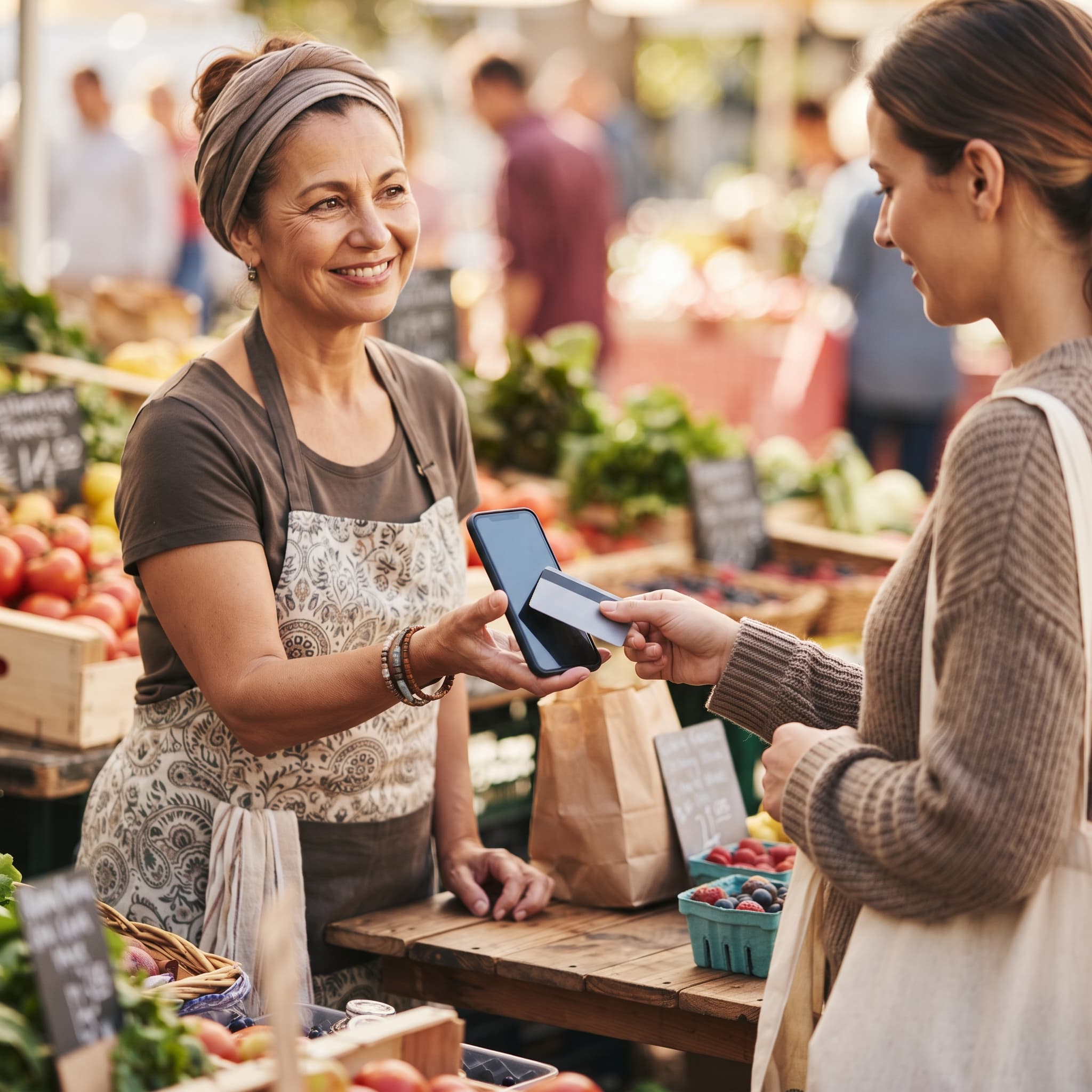 Merchant using a phone as a POS at a market stall while a customer taps a contactless card on it