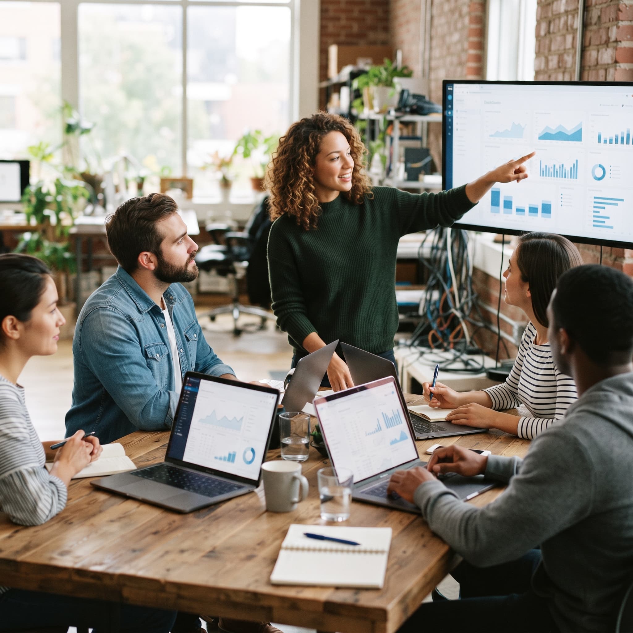 Business team deciding whether to build its own internal software, reviewing dashboards in an office