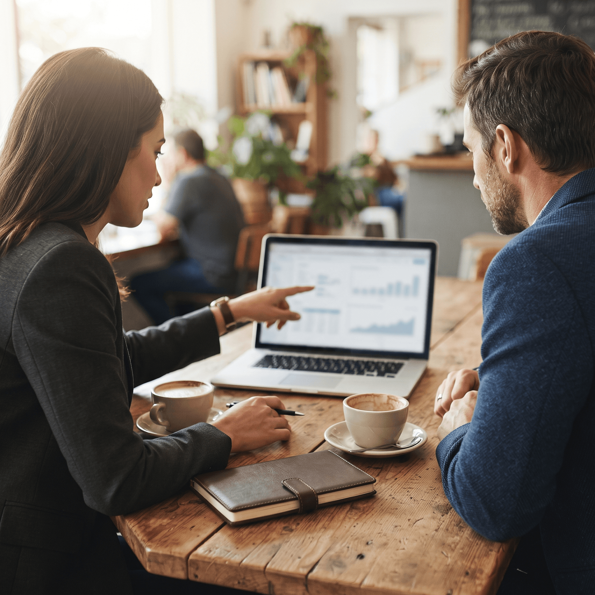 Consultant and business owner scoping an in-house SaaS replacement at a table with a laptop
