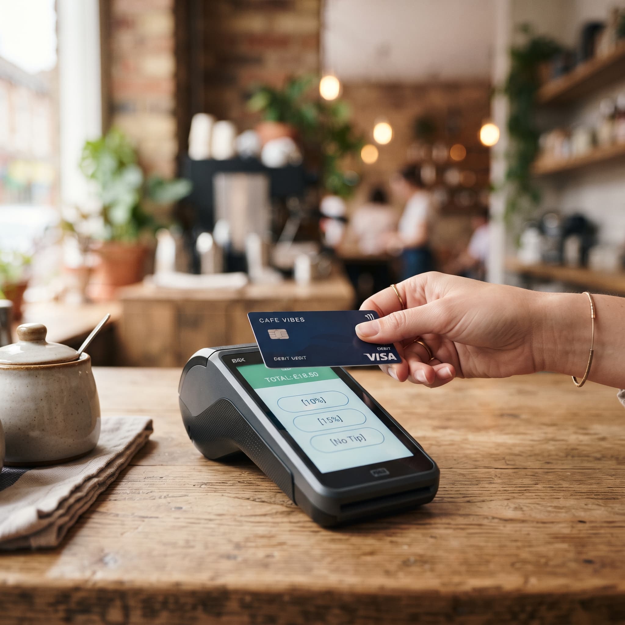 Customer choosing a tip on a card reader screen with on-reader tipping