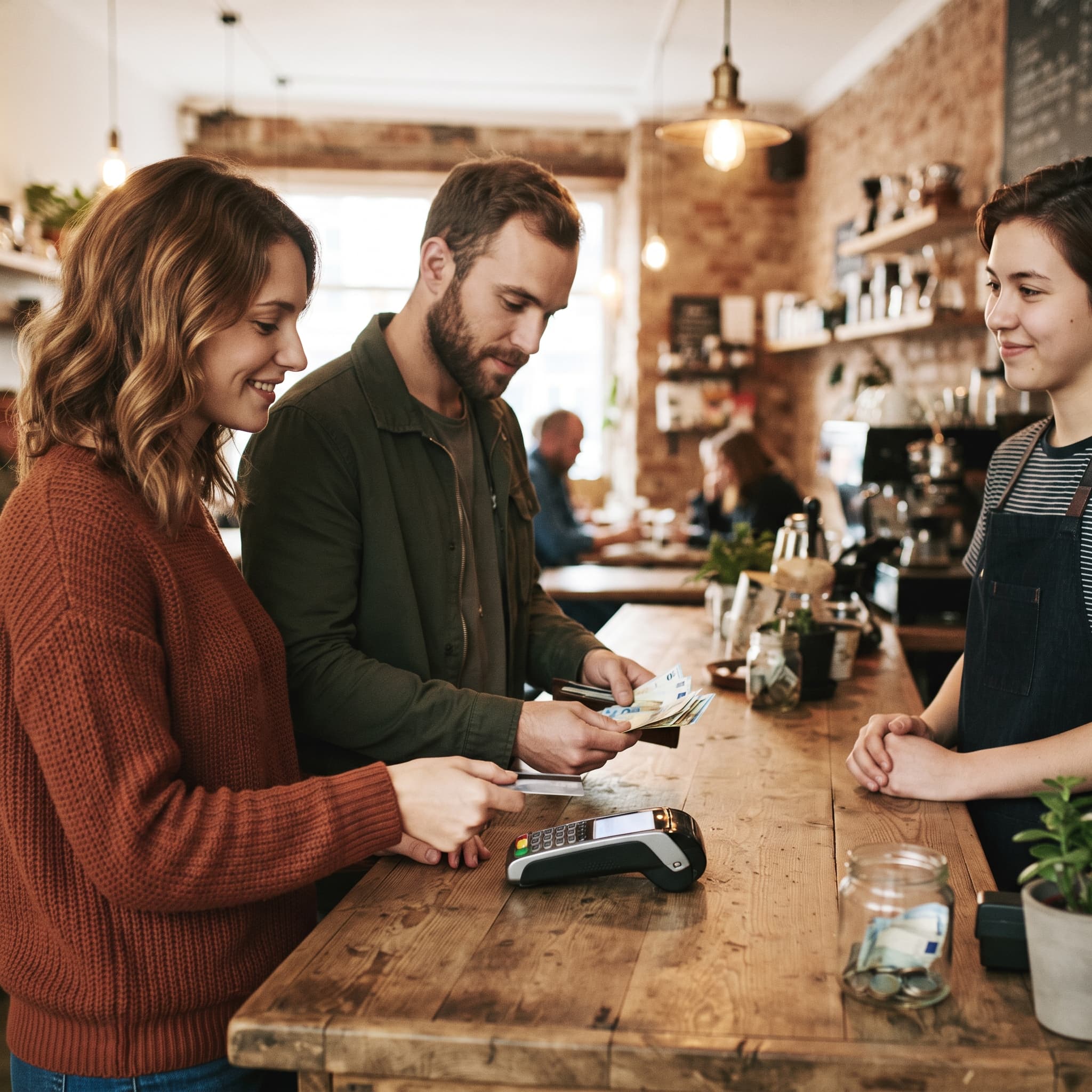Split payments at a café counter: two customers paying one bill with card and cash