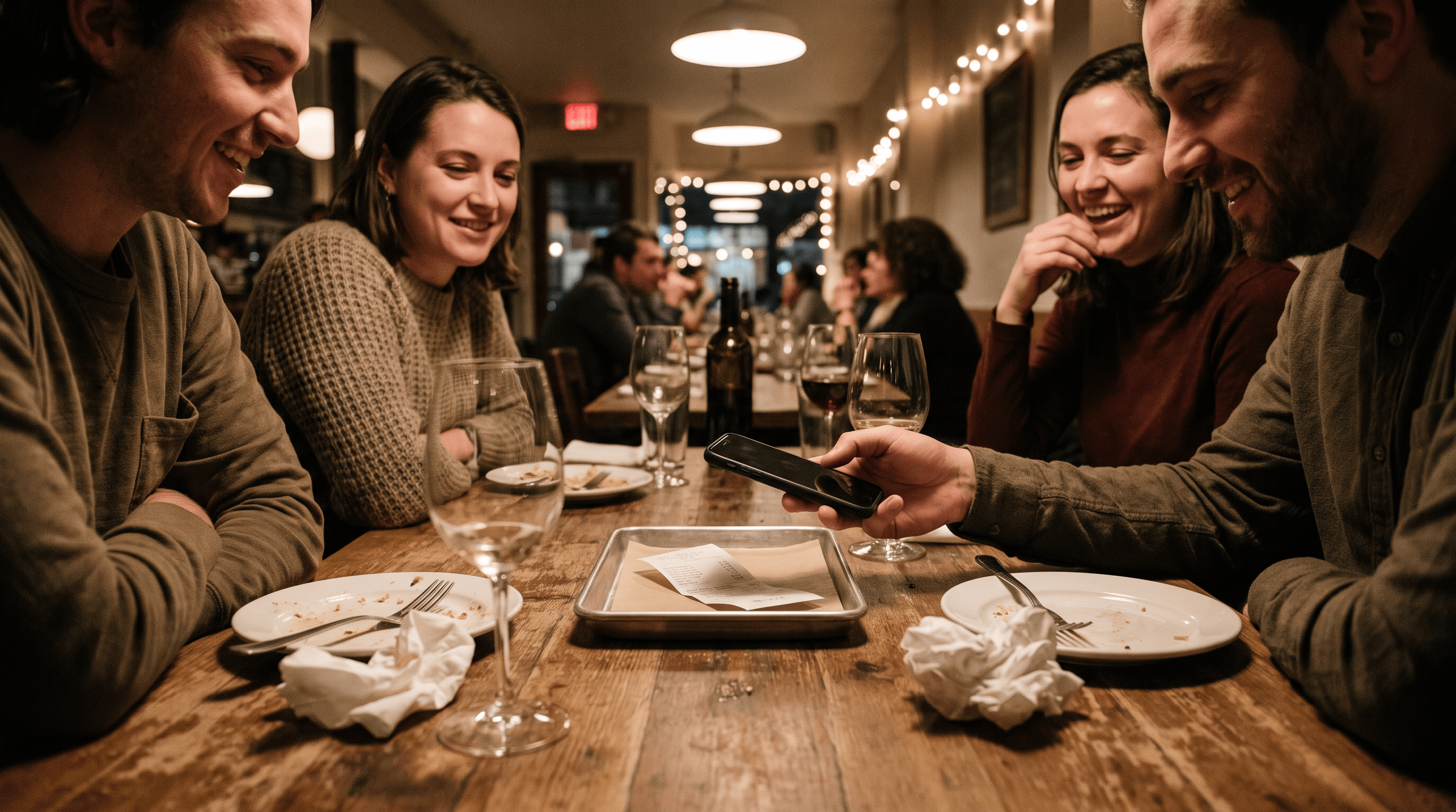 Four friends at a restaurant table with one bill between them, one person holding a phone over it, ready to split the bill