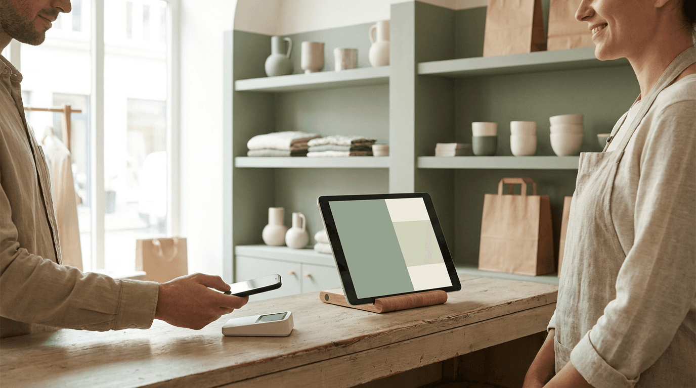 Modern brand boutique checkout where the tablet POS matches the store's colors, illustrating prompt-driven POS software for modern brands