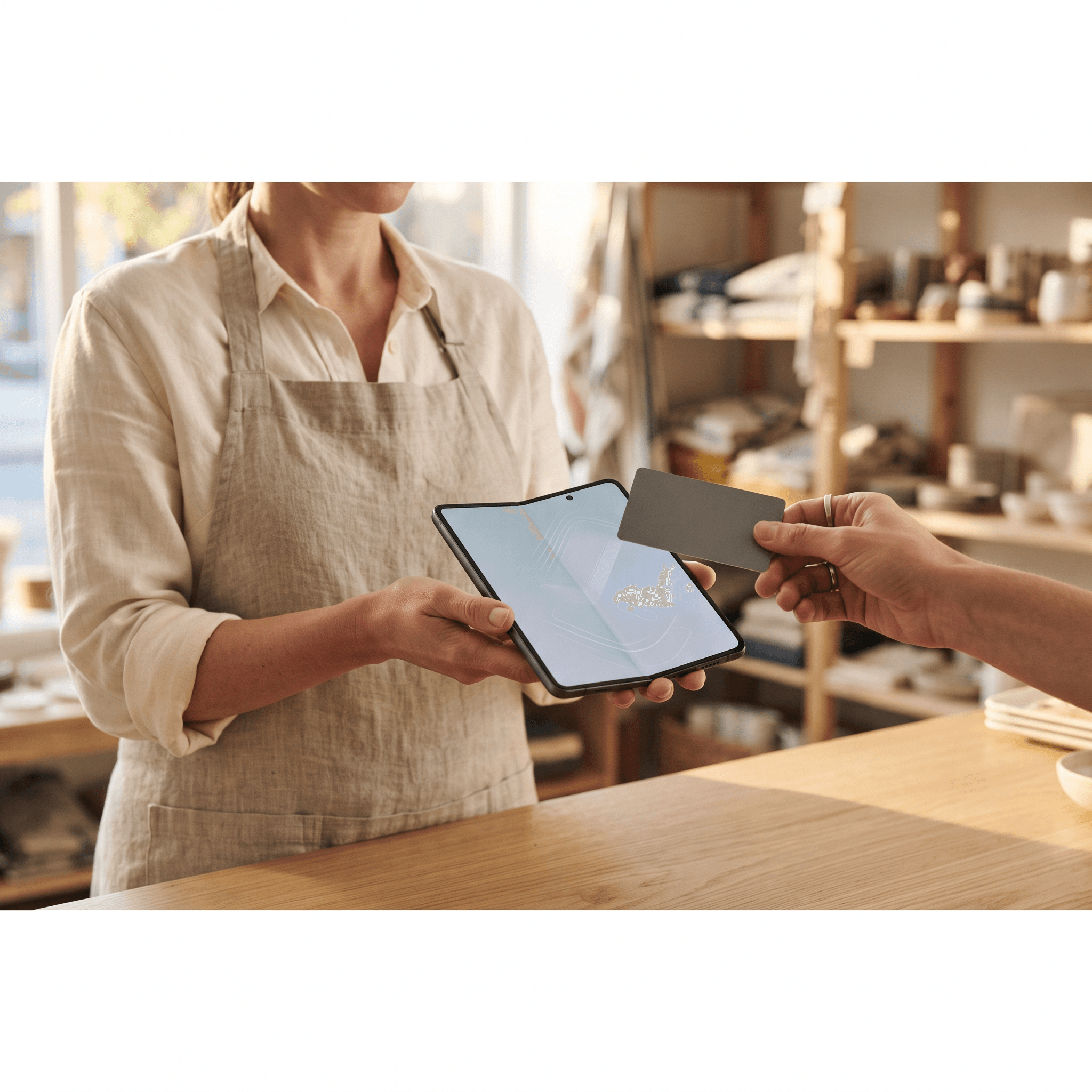 A shop owner holds an open folding phone as the card reader while a customer taps a card on its top edge, the counter flow iPhone Duo Tap to Pay would use