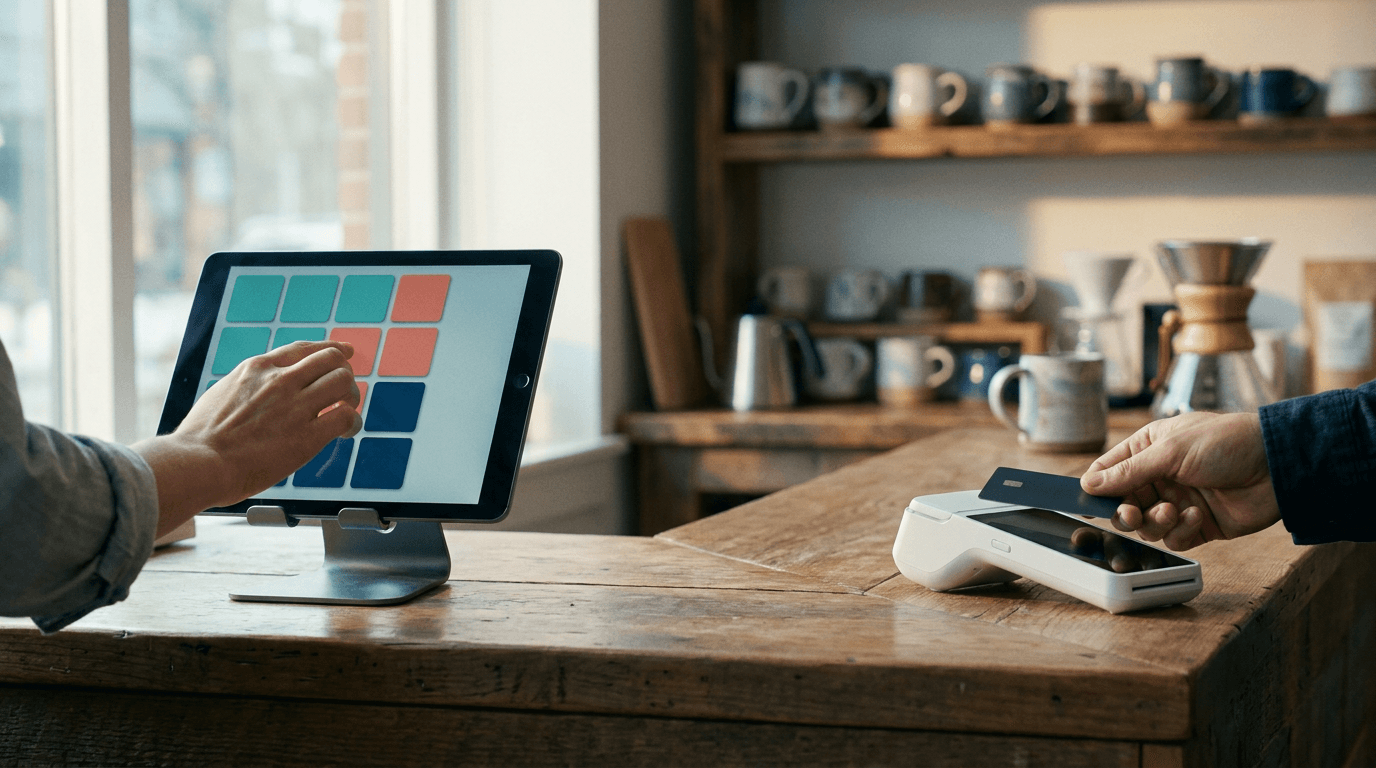 Cashier rearranging checkout buttons on a tablet POS while a customer taps a card on a separate payment terminal, the split that keeps PCI compliance intact
