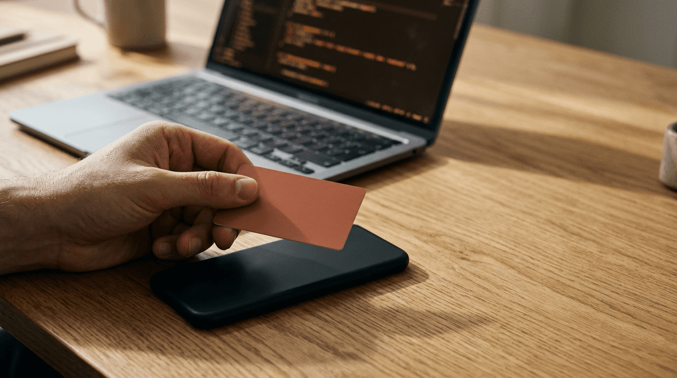 Developer testing Tap to Pay on iPhone entitlement by tapping a contactless payment card horizontally against the top of a