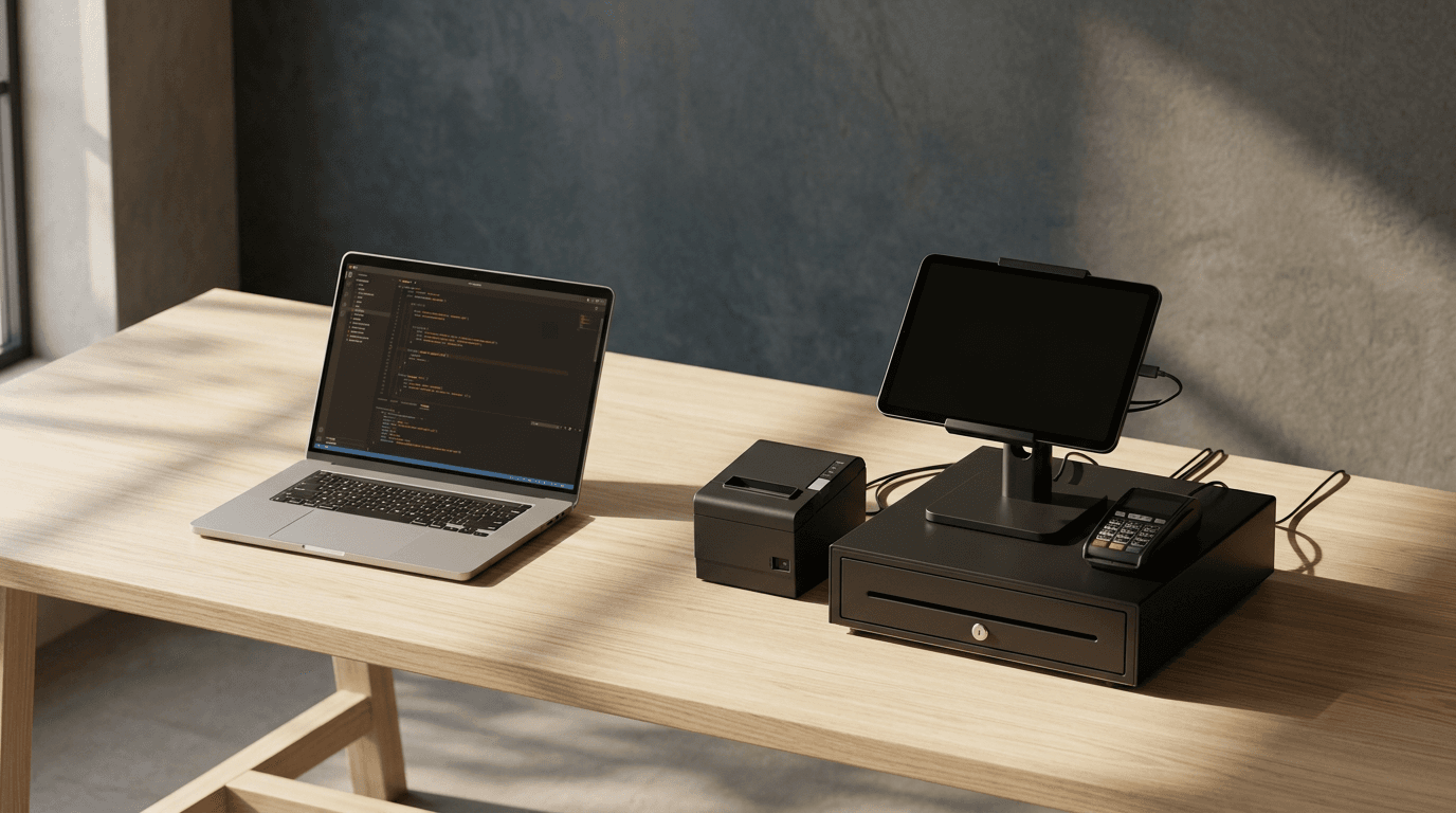 Custom POS app development setup showing a developer laptop alongside a tablet POS terminal, thermal printer, and card reader