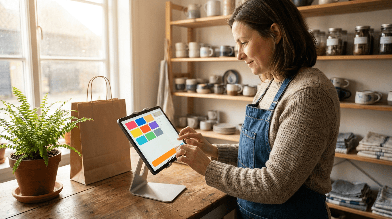 Shop owner typing on a counter tablet that shows a bright custom checkout screen, comparing an AI POS builder with a traditional POS