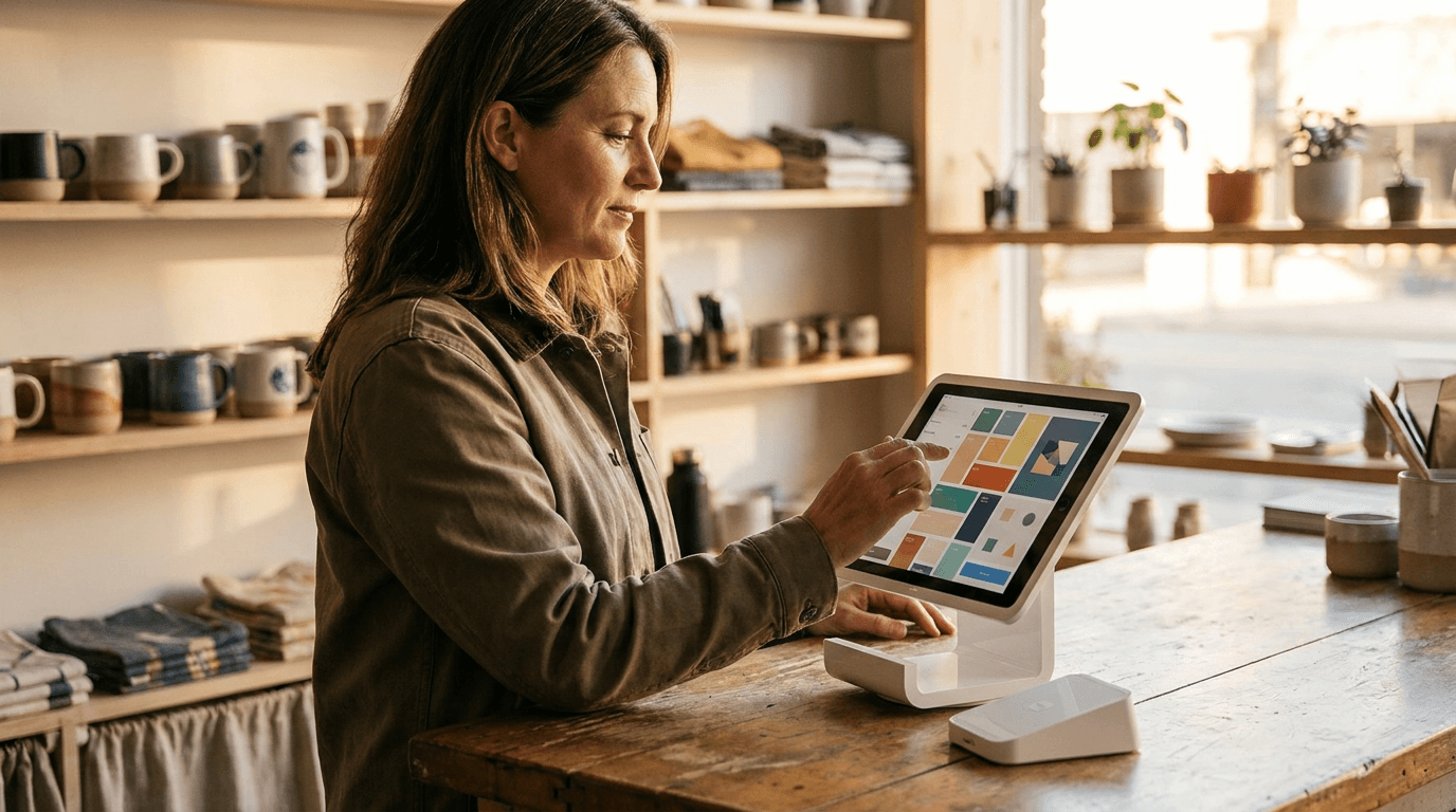 Shop owner tapping a tablet checkout screen at her counter, customizing her POS layout and checkout flow without a developer