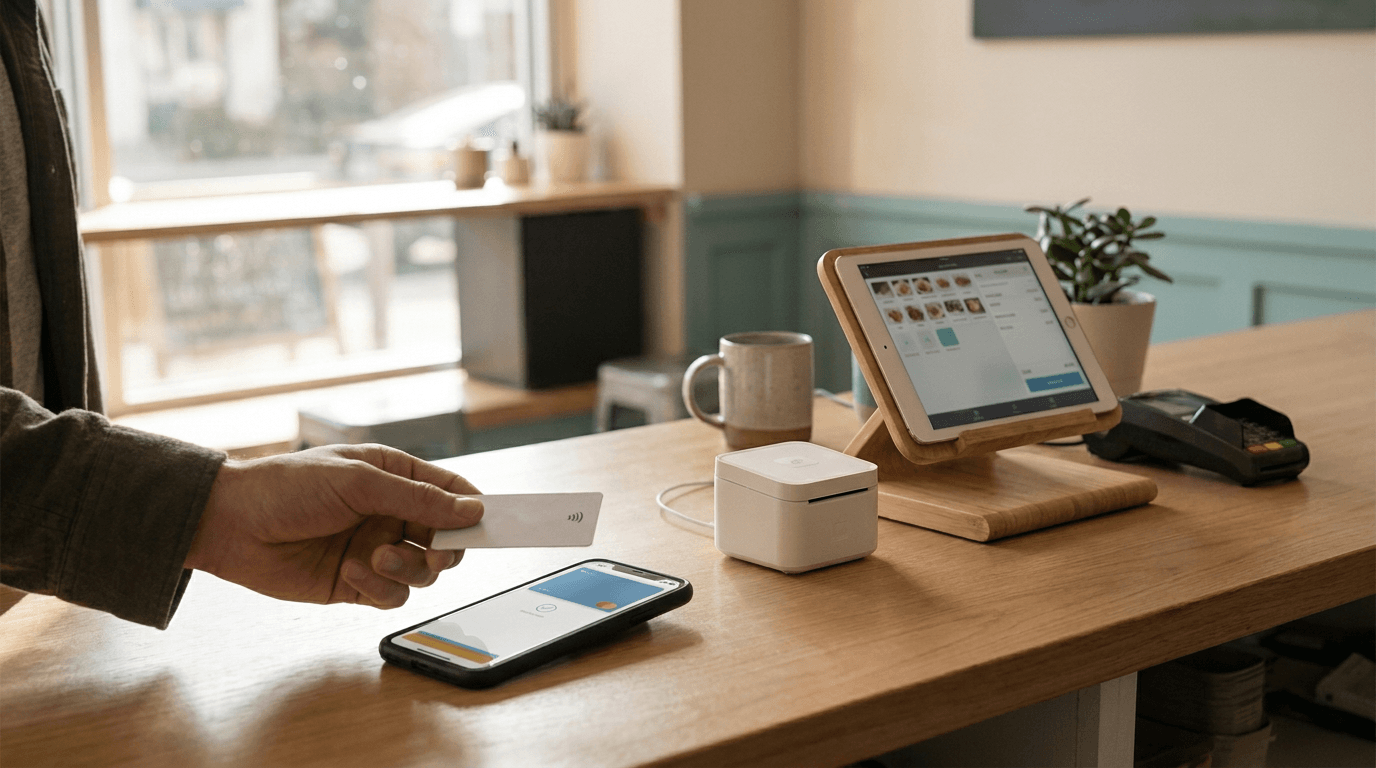 Accepting card payments in a custom POS app: a contactless card tapped on a merchant's phone at a cafe counter