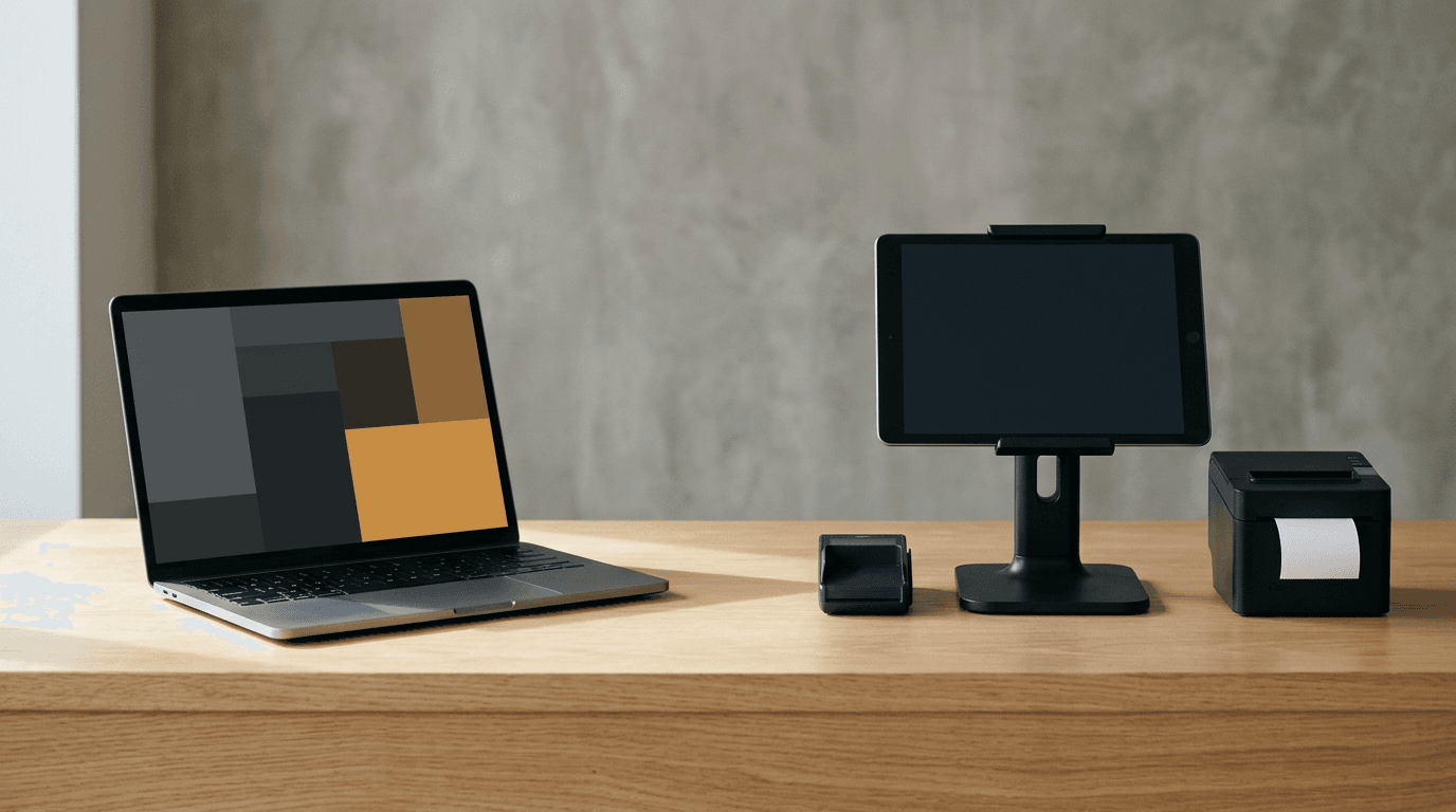 Laptop with AI code editor next to a tablet register, thermal receipt printer, and card reader on a counter, showing a vibe