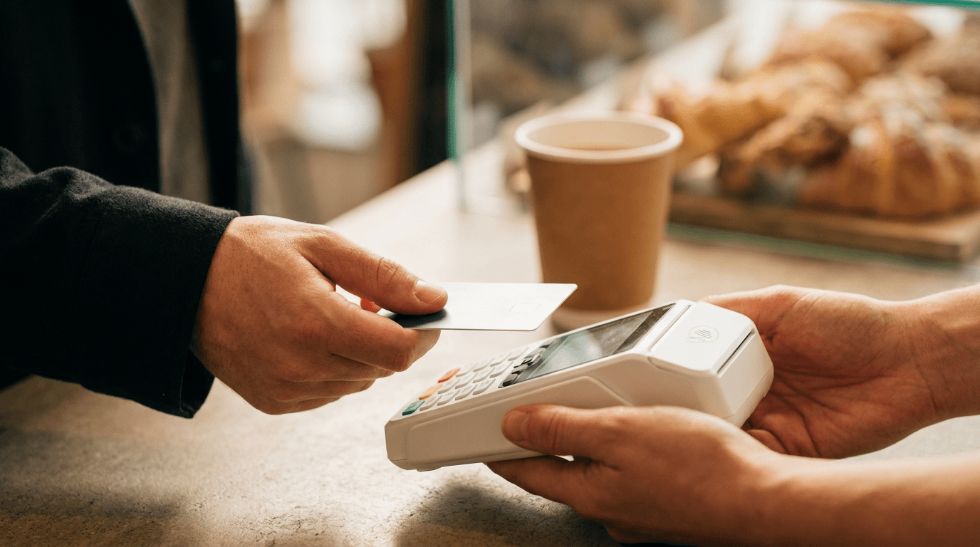 Customer tapping a debit card at a café, the sale where Interac debit vs credit card fees decide what the merchant pays