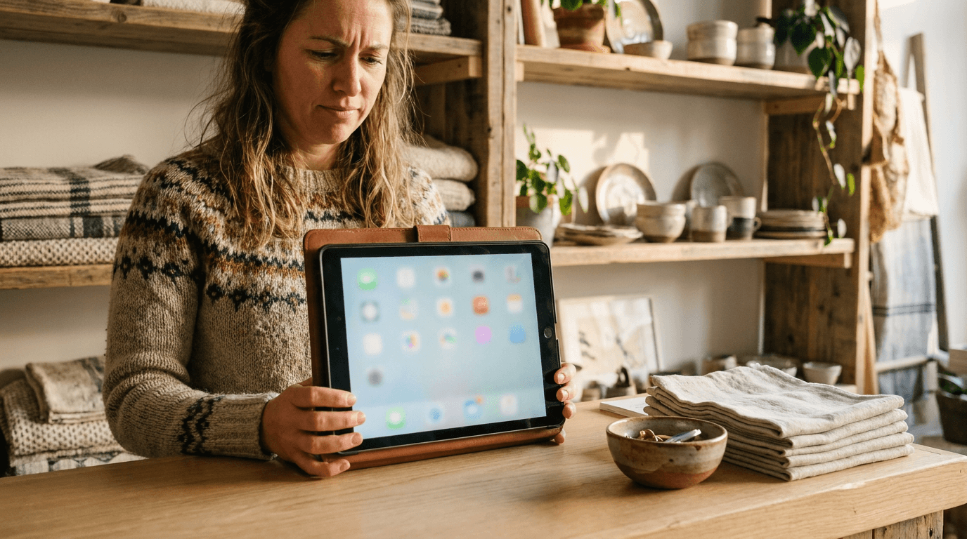 Boutique owner looking at a tablet point of sale with a rigid tile grid, illustrating Shopify and Square POS layout restrictions