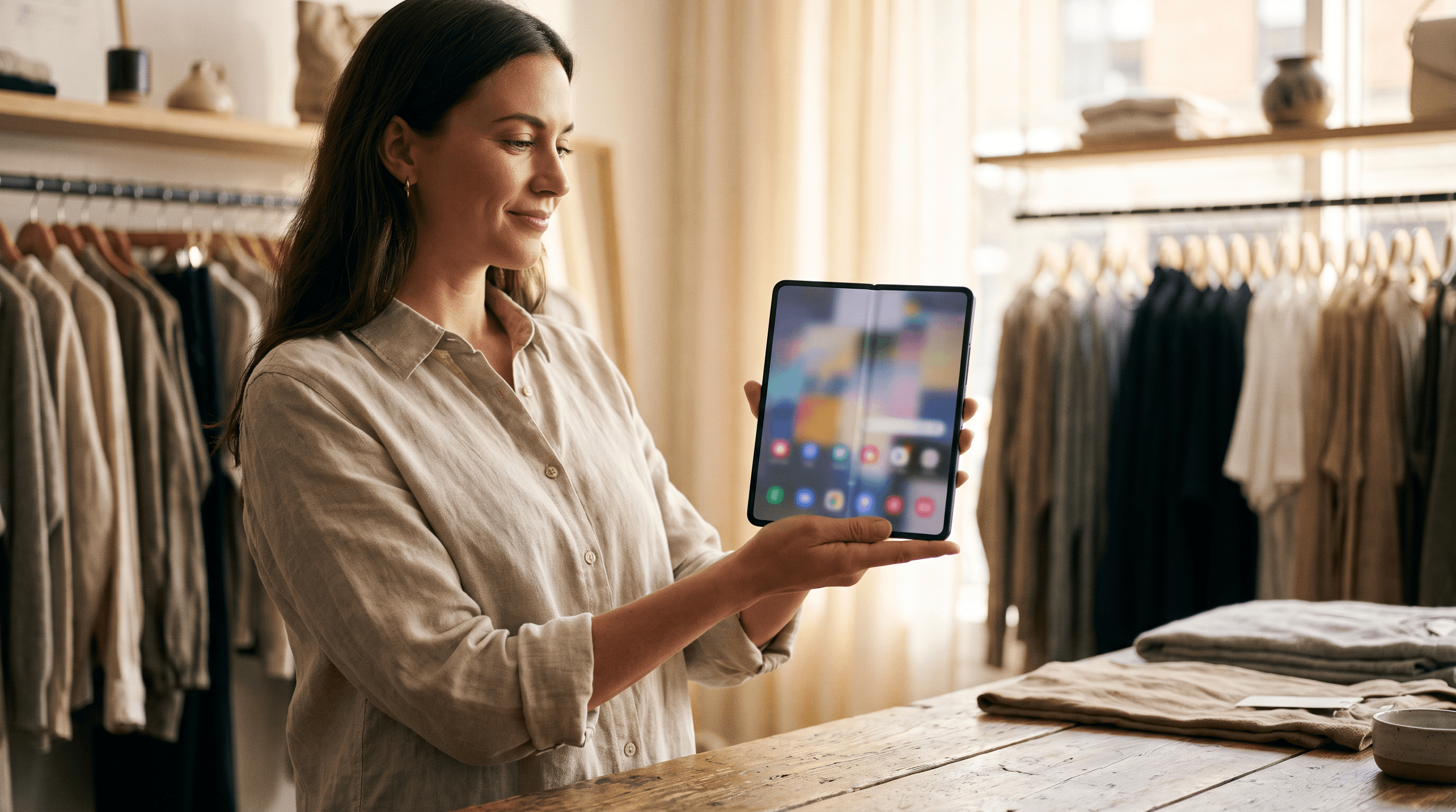 A boutique owner holds an open folding phone at the counter, using an iPhone Duo POS layout as a tablet-sized till
