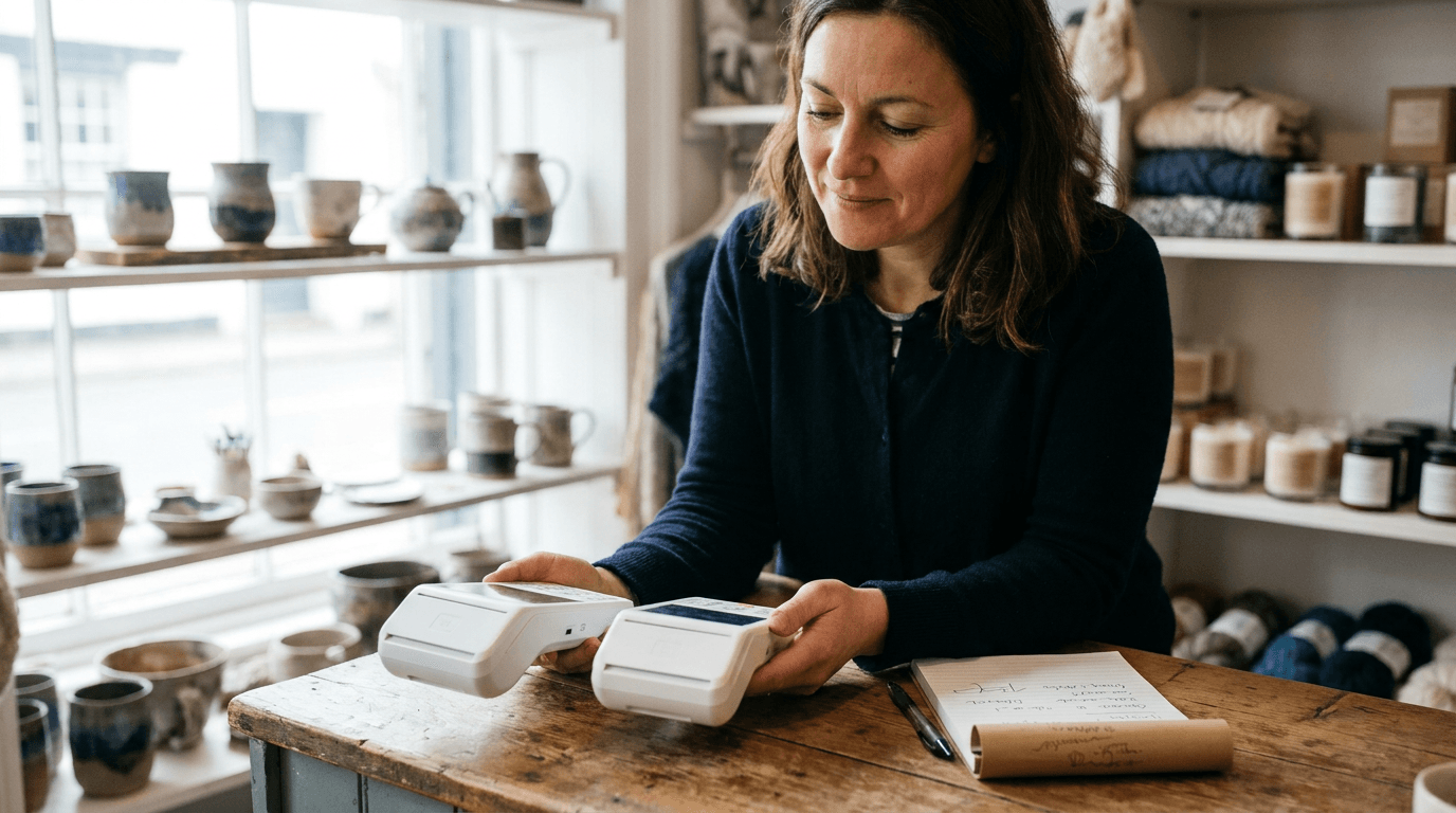 Shop owner at the counter comparing options while weighing Square alternatives in Canada